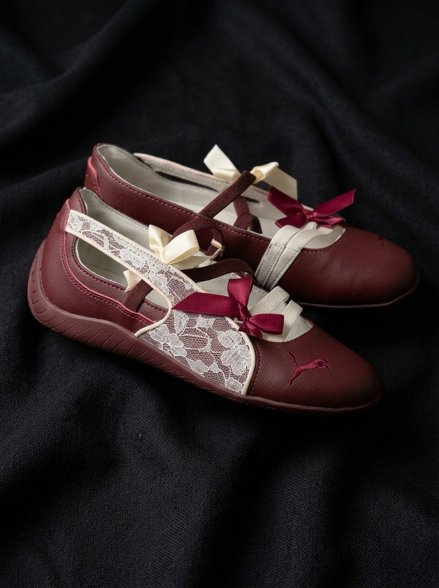 Puma Mary Jane / Ballerina Vinotinto con Encaje y Moños