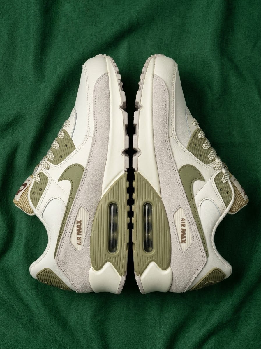 Nike Air Max 90 Blanco Hueso, Verde Olivo y Gris – Edición Earth Tones