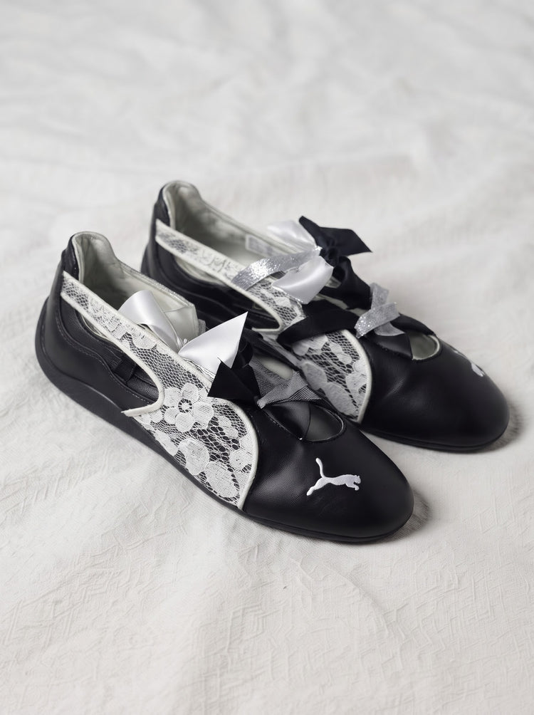 Puma Mary Jane / Ballerina Negro con Encaje Blanco y Moños
