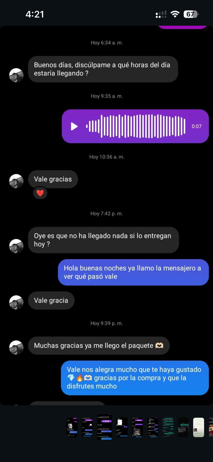 Pantallazo de un cliente de Street SMG: Muchas gracias, ya me llegó el paquete