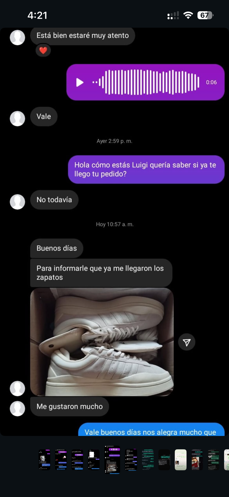 Pantallazo de un cliente de Street SMG: Ya me llegaron los zapatos. Me gustaron mucho